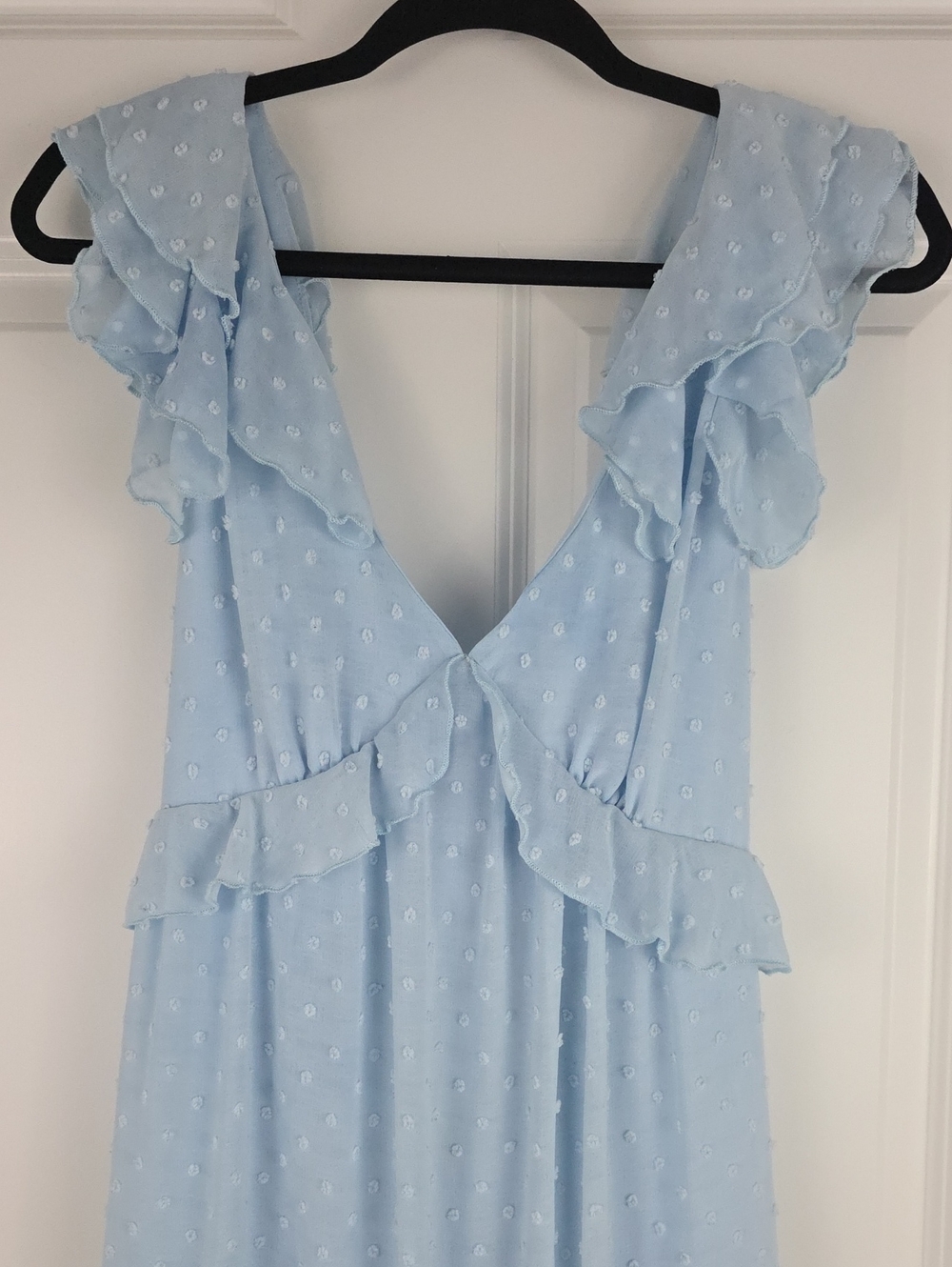 Trixxi Baby doll Powder Blue Swiss Dot Ruffle Open Back Midi Dress. Size Large. - Picture 2 of 10